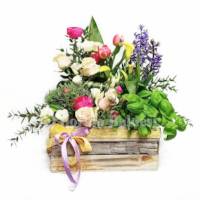 Cassettina con fiori recisi e piante aromatiche