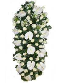 Copricassa funebre di fiori bianchi con anthurium e rose