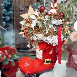 scarpone di ceramica rosso decorato natalizio