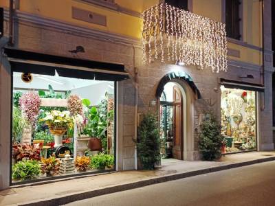 Vetrine dei fiori recisi e artificiali del negozio Baldesi a Prato a Natale