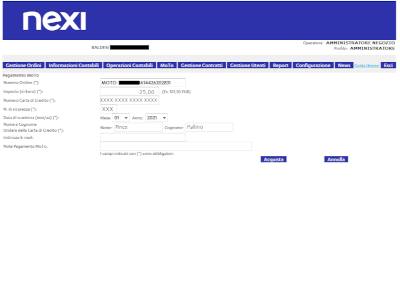 Schermata dell' Esercente sul sito NEXI, dove effettuare l'operazione di richiesta del pagamento