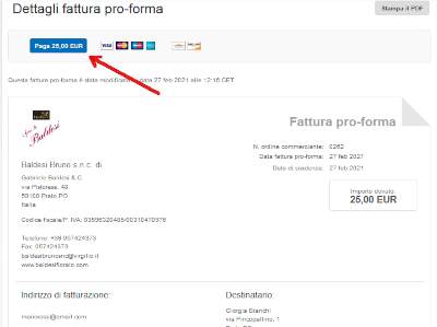 Come appare la fattura ProForma online dopo averla aperta e dove pagare